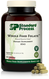 An image of a bottle of Whole Food Folate, next to 6 tablets. 